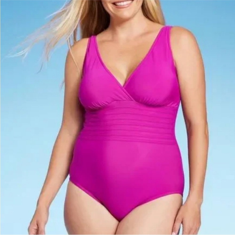 Aqua Green Ruched Purple Magenta One Piece Swimsuit V-Neck Slimming XL
